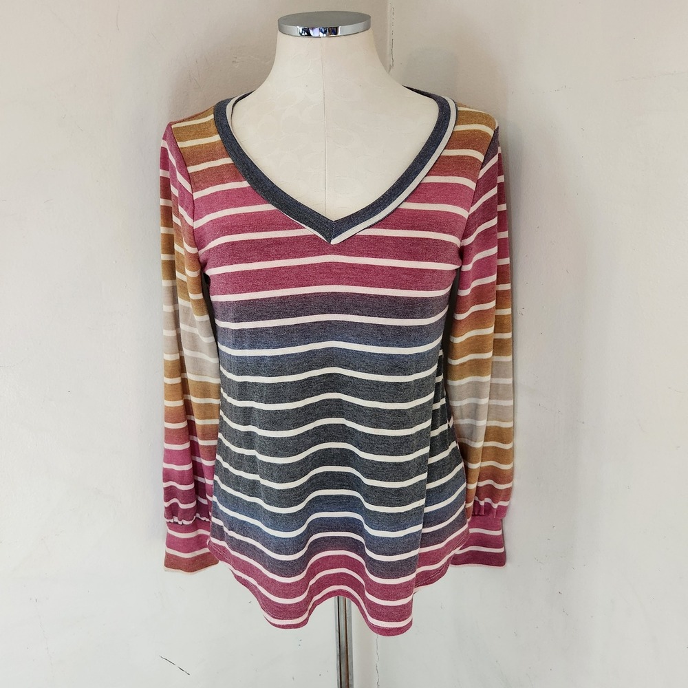 Andree by Unit Womens‎ Multi Color Striped Balloon Sleeve V-Neck Top Small